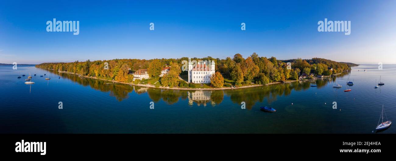 Panorama, Schloss Ammerland, Schloss Pocci, Ostufer Starnberger See, bei Münsing, Fuenfseenland, Luftbild, Oberbayern, Bayern, Deutschland Stockfoto