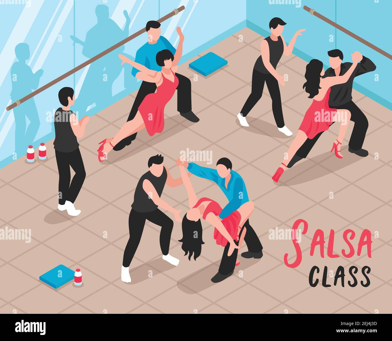 Salsa-Klassenszene mit Menschen während des Tanztrainings im Ballsaal Mit Glaswänden isometrische Vektorgrafik Stock Vektor