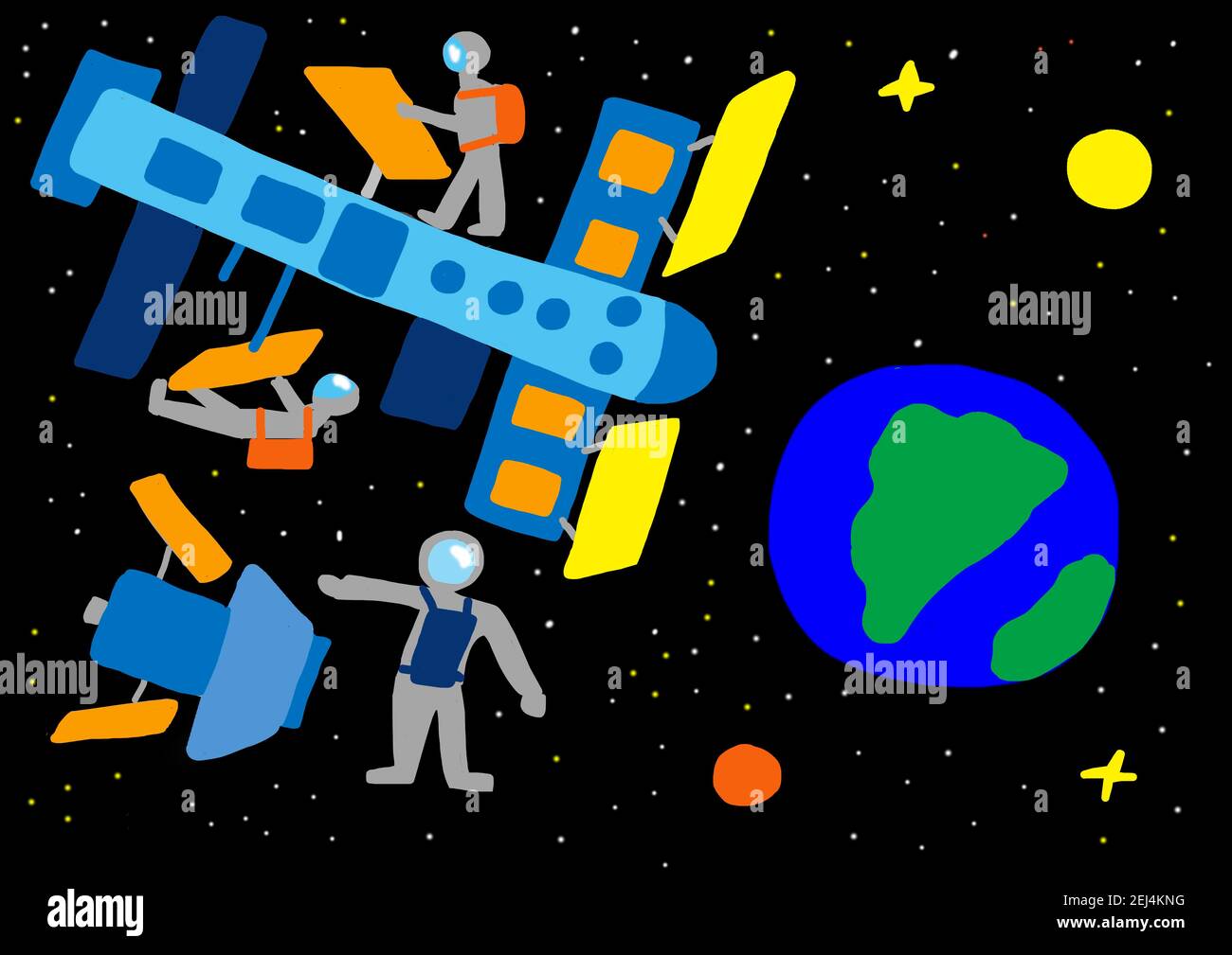 Naive Illustration, Kinderzeichnung, Astronauten vor der Raumstation, die über der Erde schwebt, Österreich Stockfoto