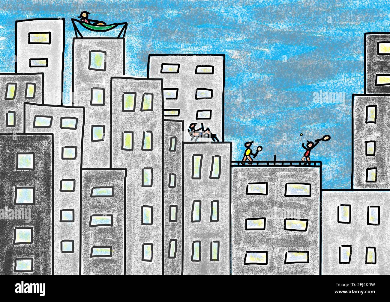 Naive Illustration, Kinderzeichnung, Tennisspieler auf dem Dach eines Wolkenkratzers mitten in der Stadt Stockfoto