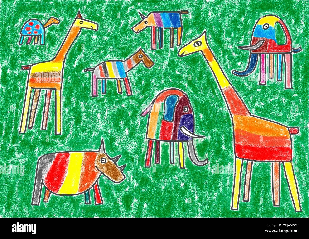 Naive Illustration, Kinderzeichnung, bunt bemalte Tiere Afrikas, Safaritiere, Österreich Stockfoto