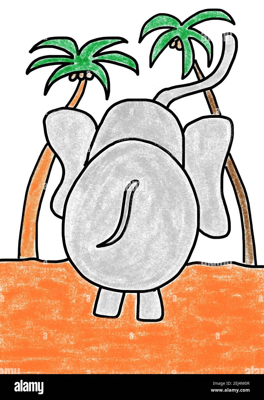Naive Illustration, Kinderzeichnung, Elefant vor Palmen, Österreich Stockfoto
