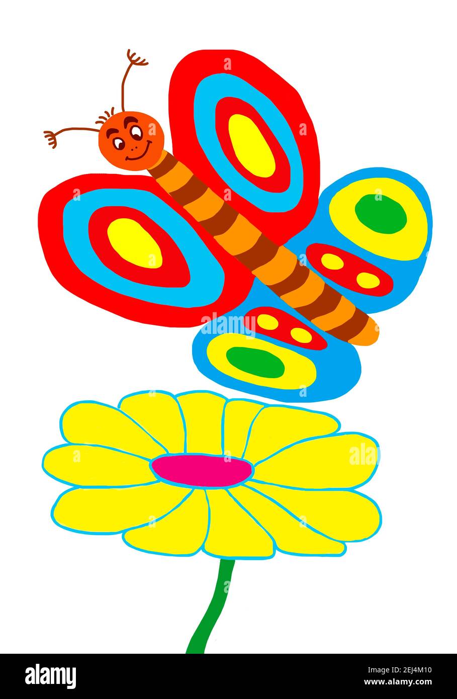 Naive Illustration, Kinderzeichnung, Blumenwiese mit Schmetterling, Österreich Stockfoto