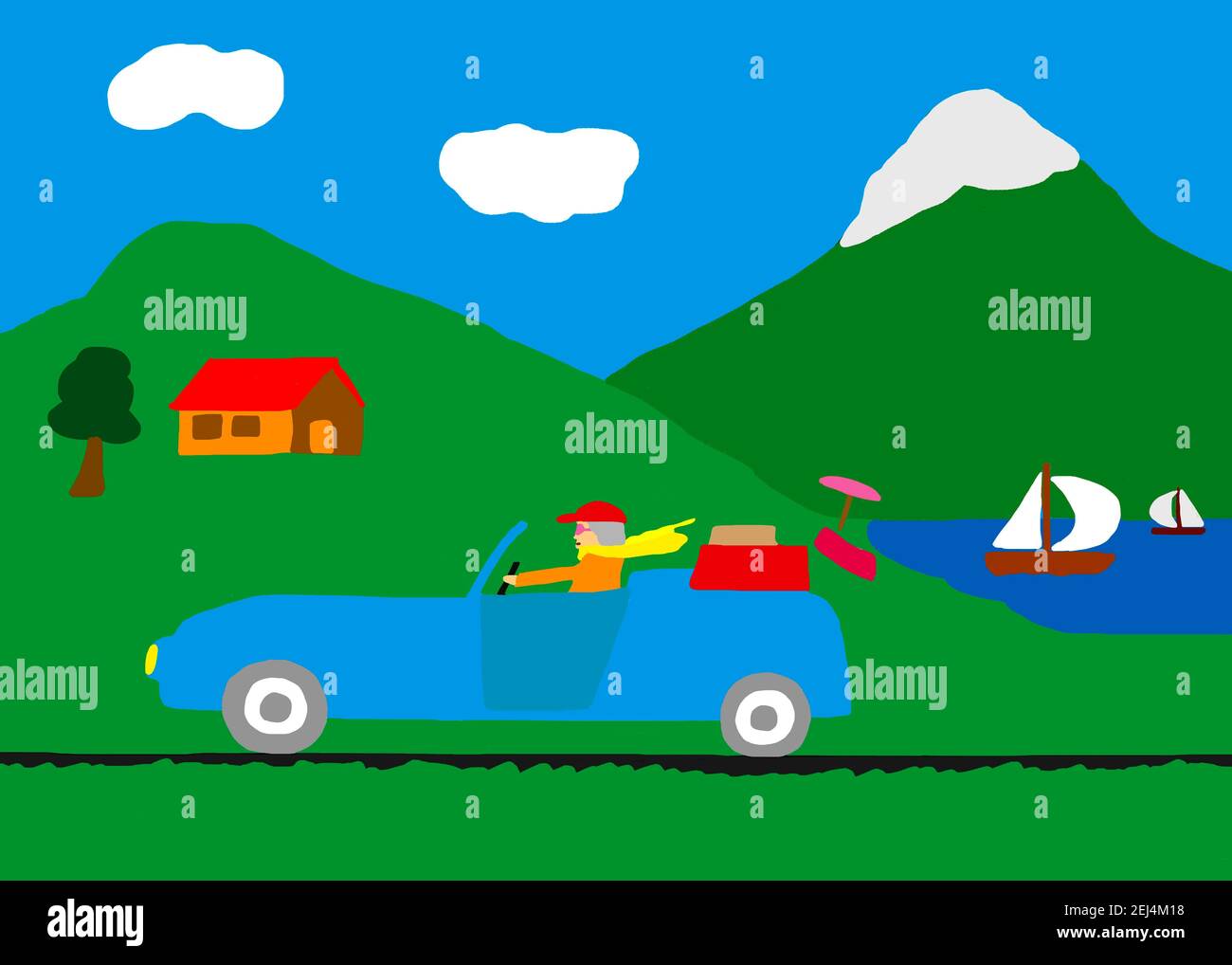 Naive Illustration, Kinderzeichnung, Mann im Sport Cabrio auf dem Weg zum Urlaub auf dem Land Stockfoto