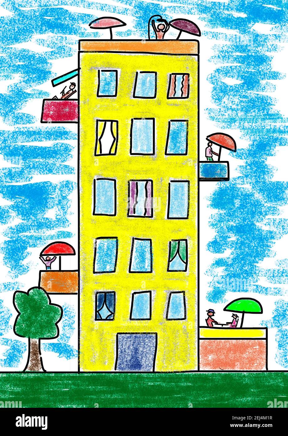 Naive Illustration, Kinderzeichnung, Wolkenkratzer mit entspannten Menschen auf dem Balkon Stockfoto
