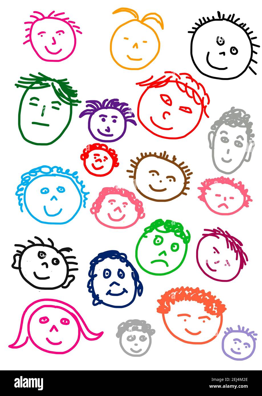 Naive Illustration, Kinder zeichnen, bunt lächelnde Gesichter Stockfoto