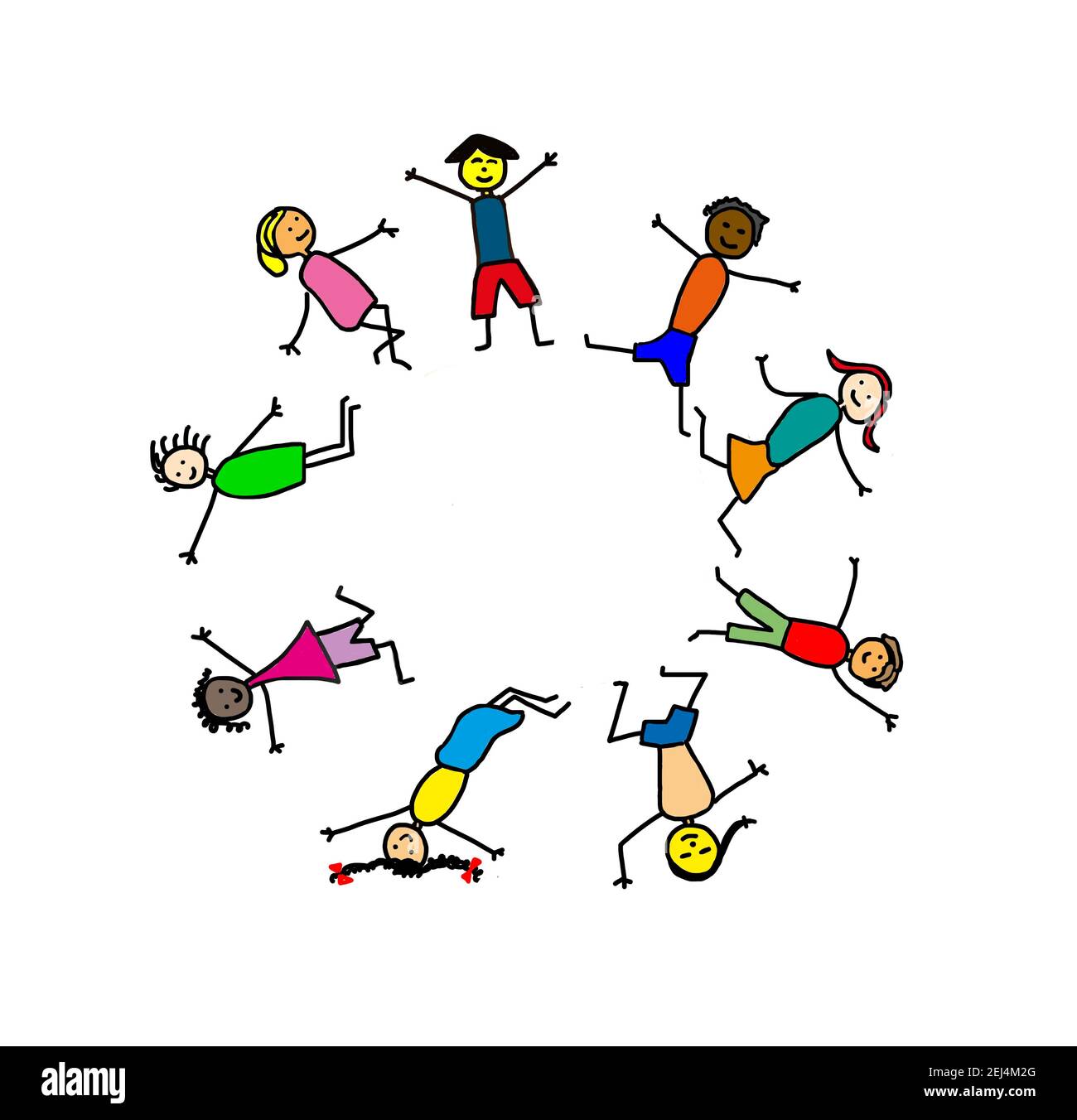 Naive Illustration, Kinder zeichnen, Kinder verschiedener Nationalitäten stehen glücklich im Kreis Stockfoto
