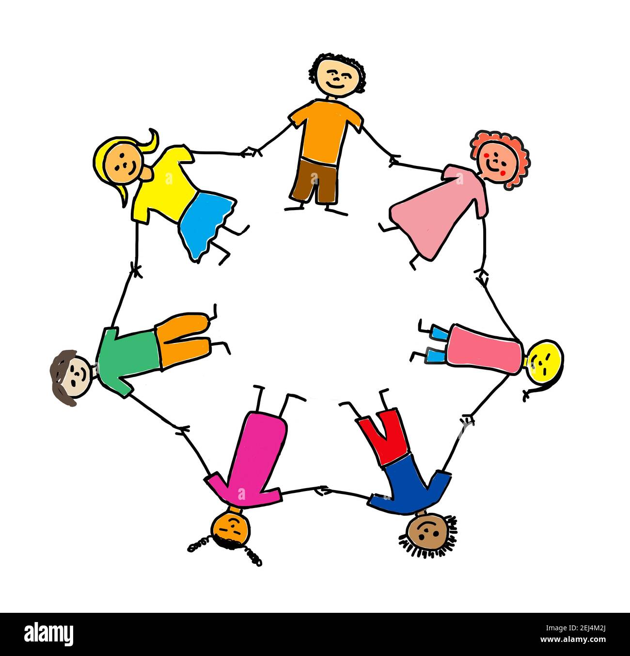 Naive Illustration, Kinder zeichnen, Kinder verschiedener Nationalitäten stehen glücklich Hand in Hand im Kreis Stockfoto