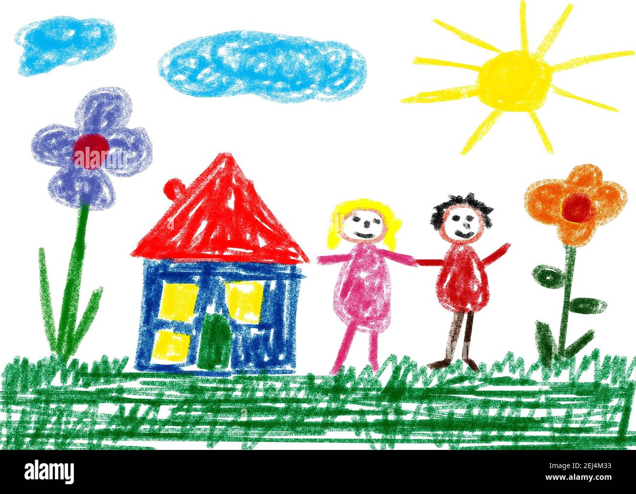 Naive Illustration, Kinderzeichnung, glückliche Familie, die im Sonnenschein im Garten vor dem Haus steht Stockfoto