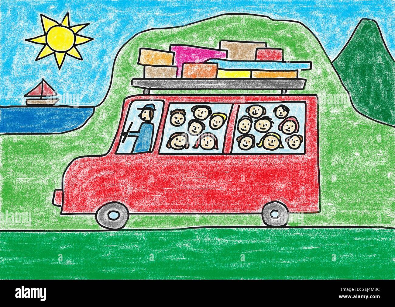 Naive Illustration, Kinder zeichnen, Trainer mit Kindern auf dem Weg zum Urlaub auf dem Land Stockfoto