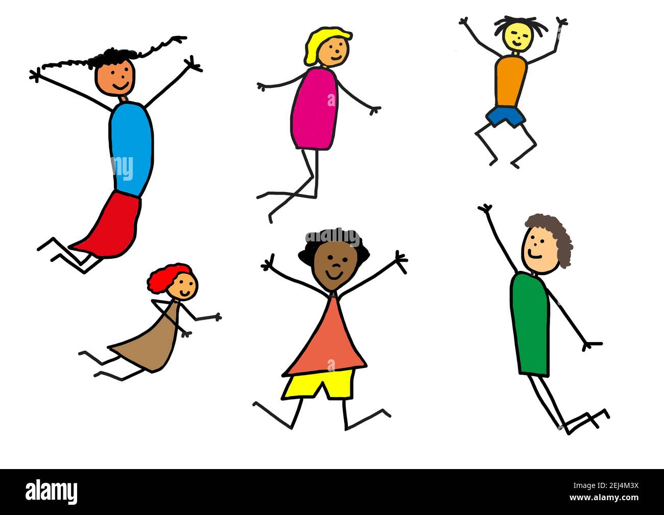 Naive Illustration, Kinder zeichnen, Kinder verschiedener Nationalitäten springen in die Luft Stockfoto