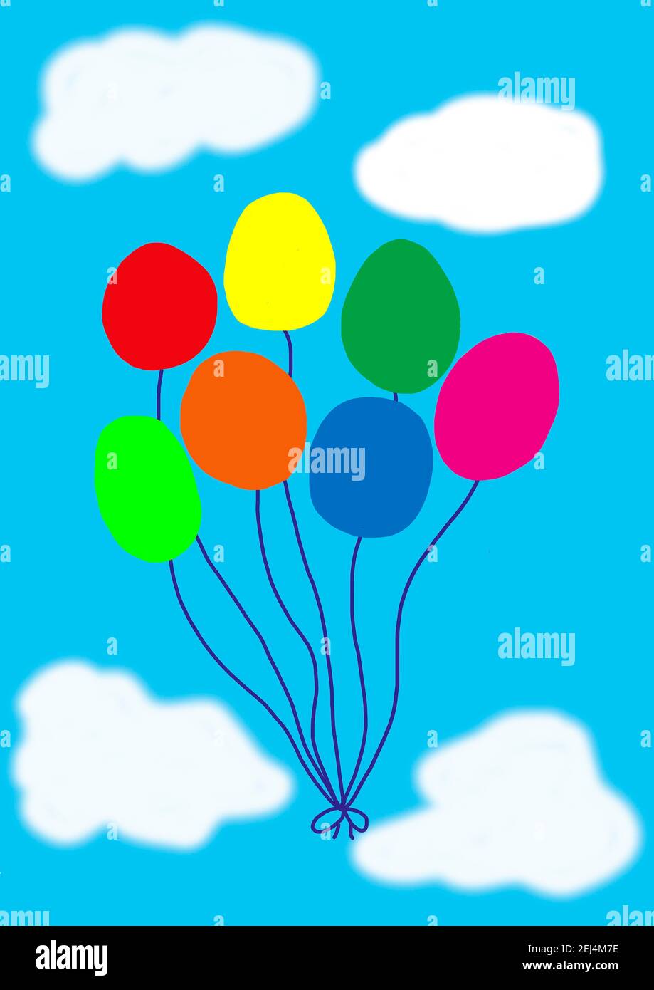 Naive Illustration, Kinder Zeichnung, bunte Luftballons schweben in den Himmel Stockfoto
