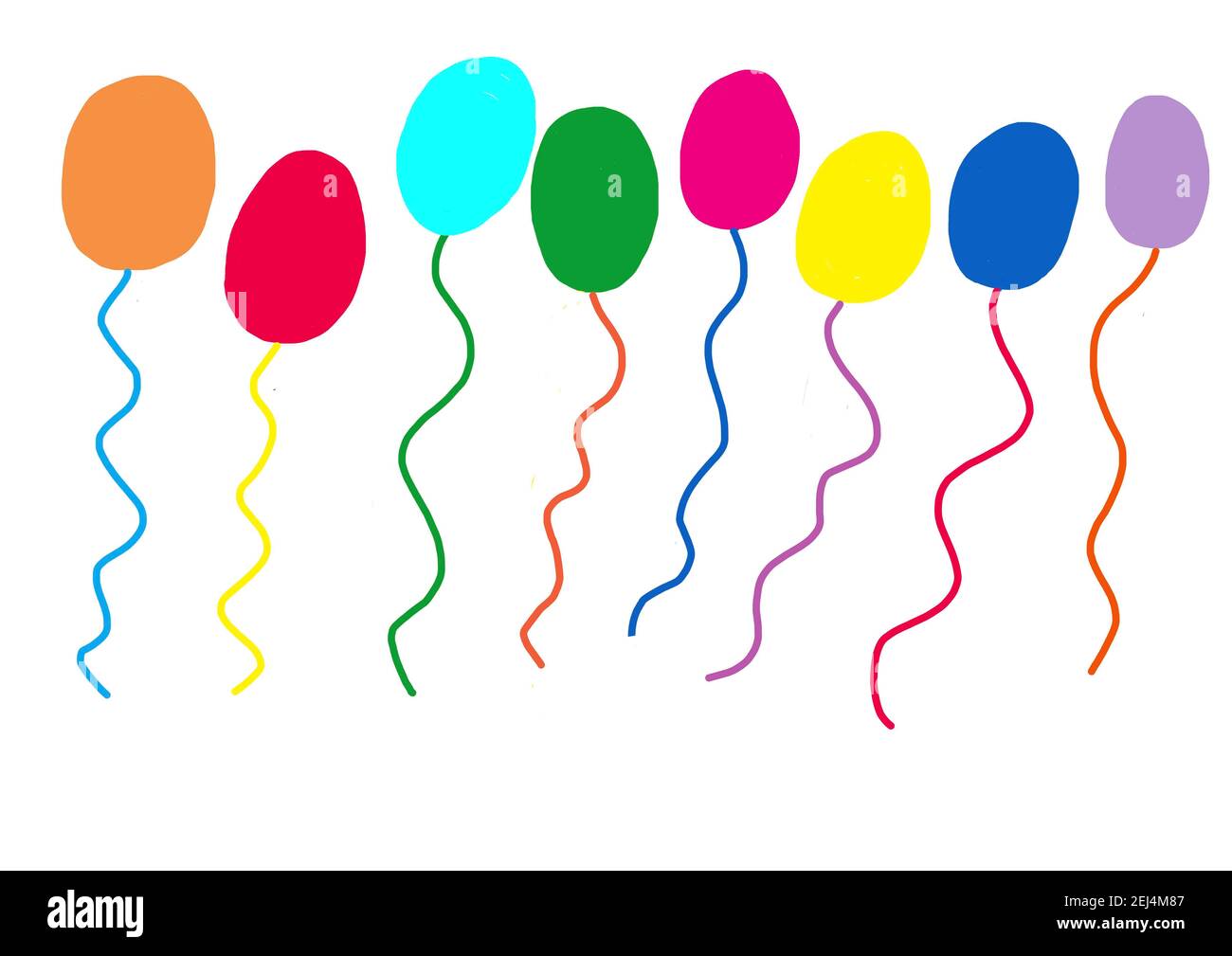 Naive Illustration, Kinder Zeichnung, bunte Luftballons schweben in den Himmel Stockfoto