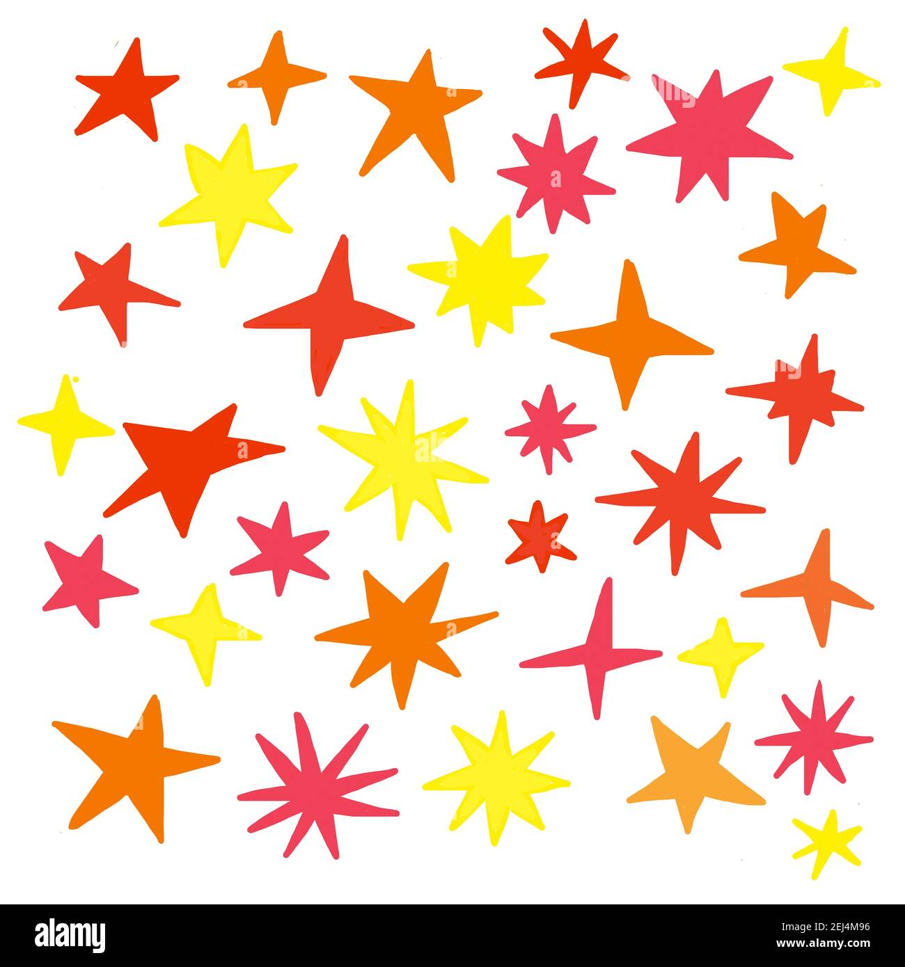 Naive Illustration, Kinder Zeichnung, bunte Sterne auf weißem Hintergrund Stockfoto