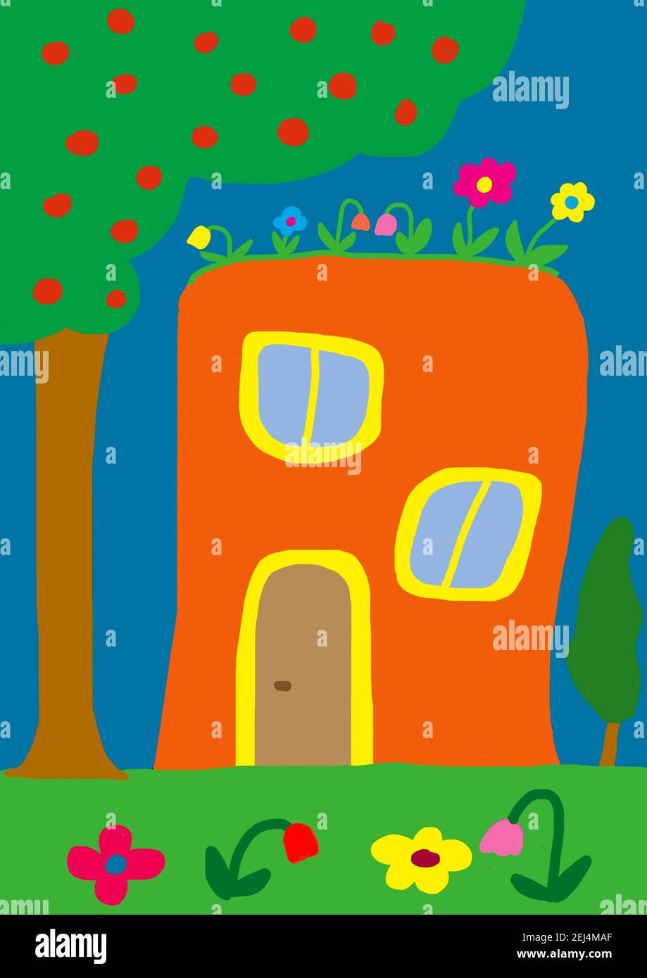Naive Illustration, Kinderzeichnung, Haus mit Blumenwiese auf dem Dach