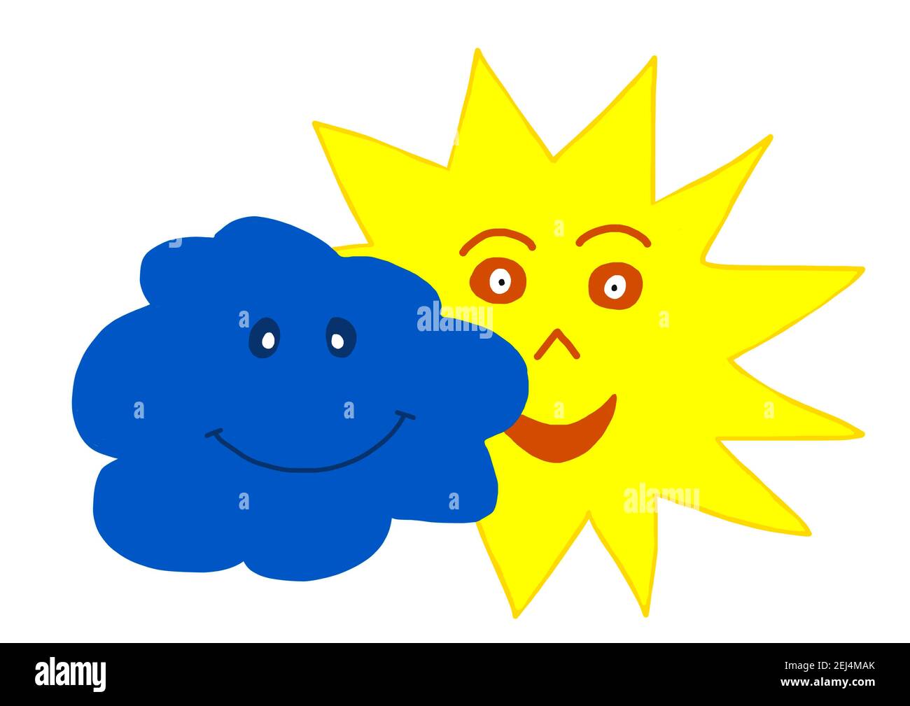 Naive Illustration, Kinderzeichnung, Sonne mit Sonnenstrahlen und Wolken Stockfoto