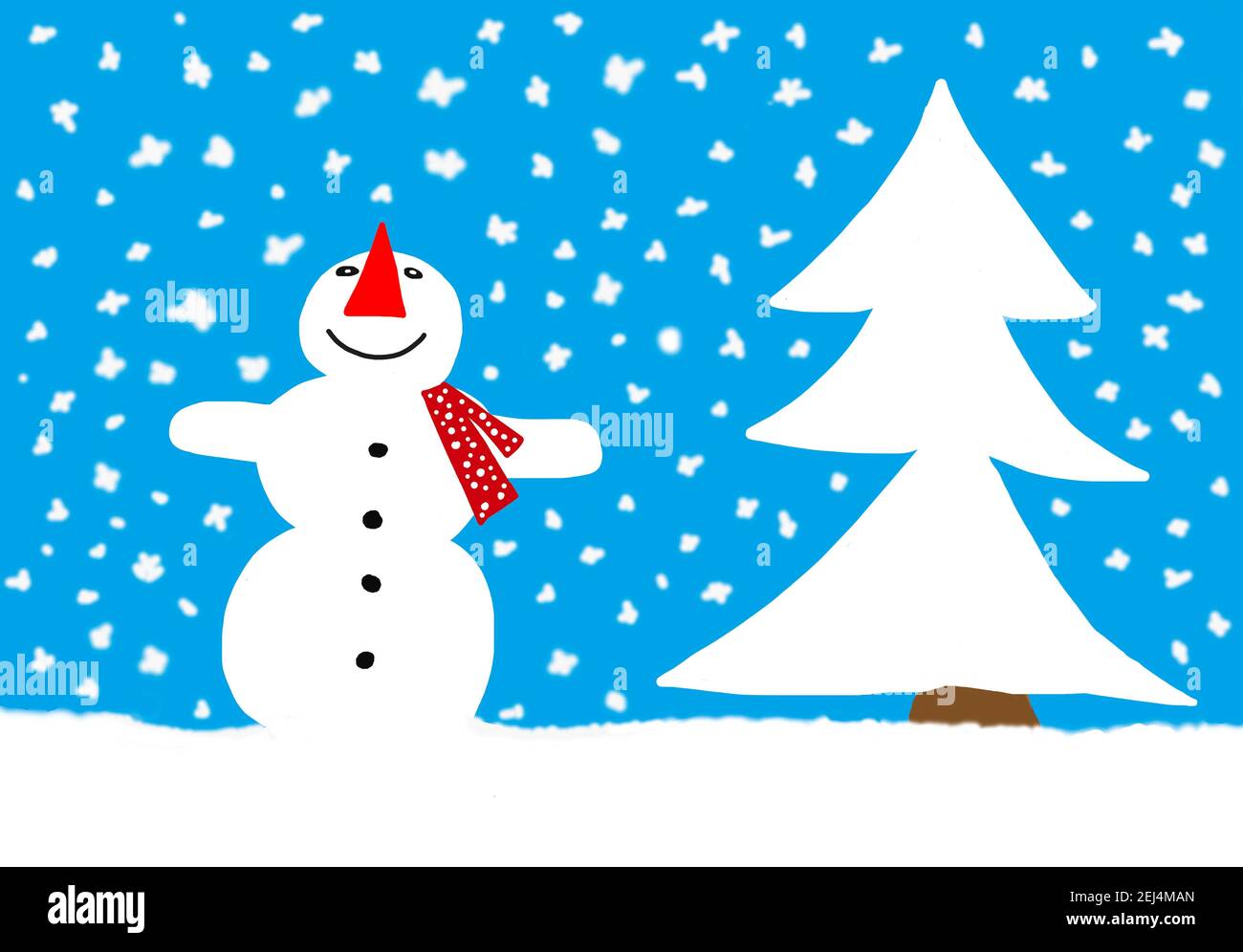 Naive Illustration, Kinder zeichnen, Schneemann auf schneebedeckter Wiese stehen Stockfoto