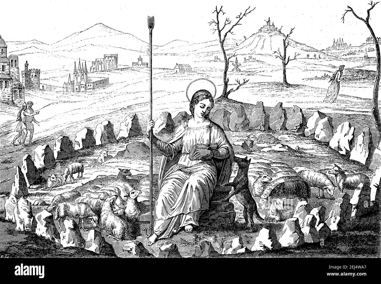Der gute Hirte, ein Gemälde auf Holz in der Kirche Saint Mery, chapelle de Sainte-Genevieve, jetzt Pantheon, Paris, Frankreich, Abbildung aus 1880 Stockfoto