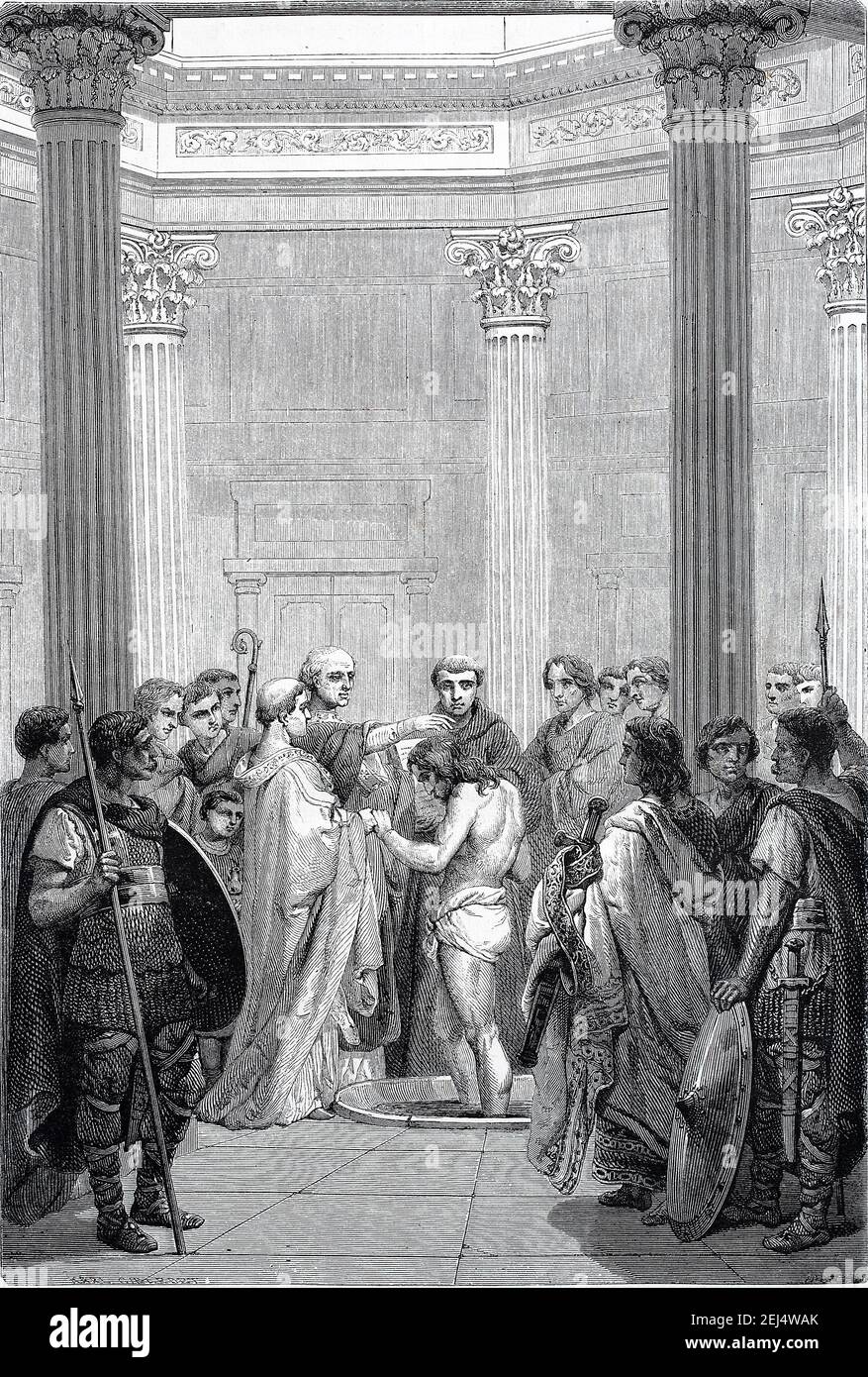 Clodowig, Taufe von Clovis, 466-511, der erste König der Franken, der alle fränkischen Stämme unter einem Herrscher vereinte, Illustration aus 1880 Stockfoto