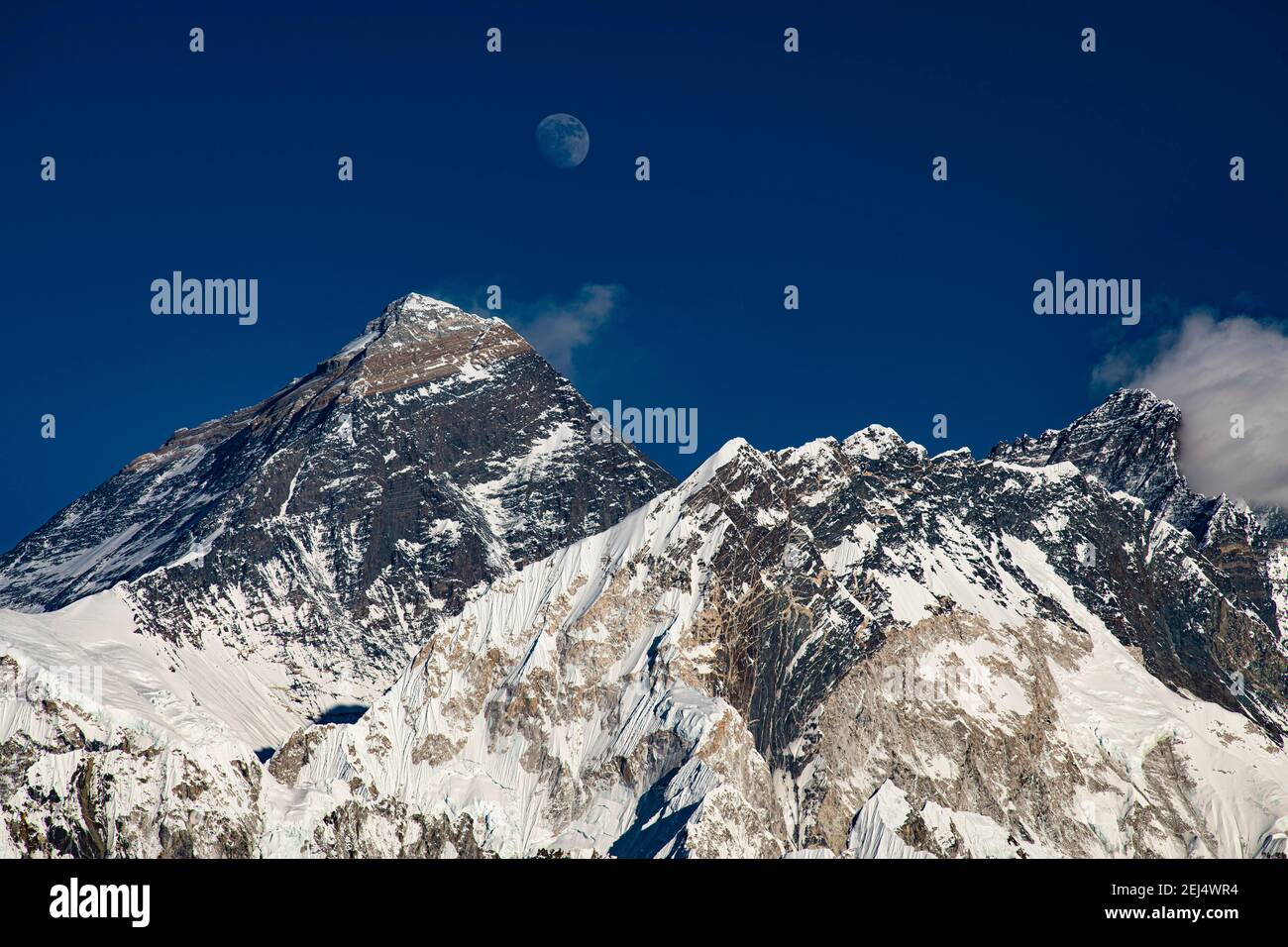 Blick im Abendlicht vom Renjo La Pass 5417 m nach Osten auf Himalaya mit Mount Everest, 8848 m, Nuptse, 7879 m und Lhotse, 8516 m, Khumbu Stockfoto