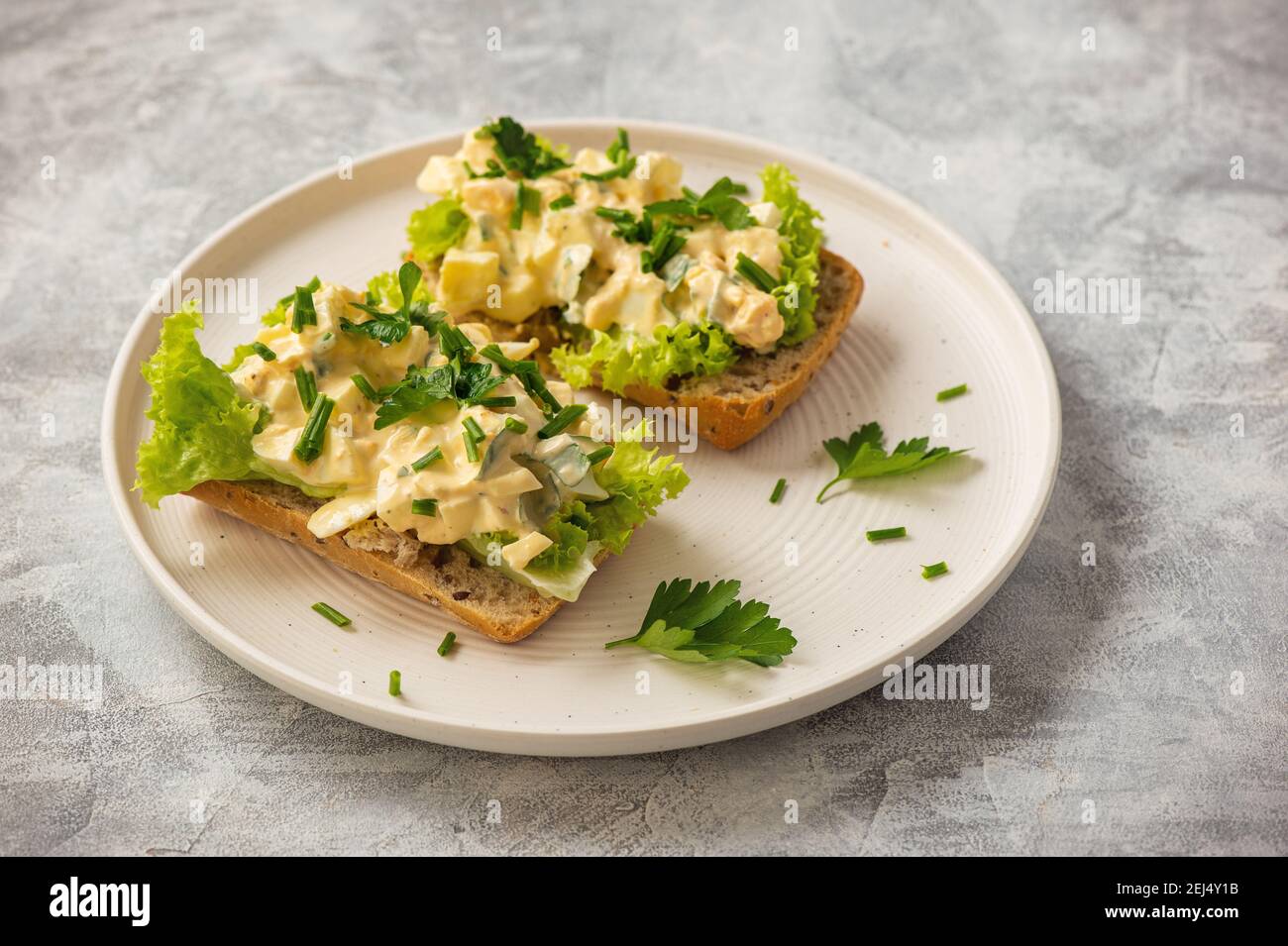 Eiersalat-Sandwiches auf hellem Hintergrund. Stockfoto