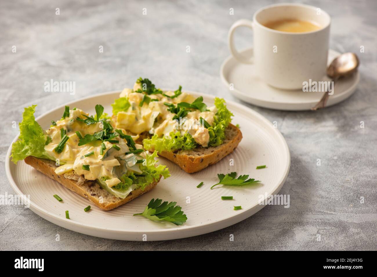 Eiersalat-Sandwiches auf hellem Hintergrund. Stockfoto