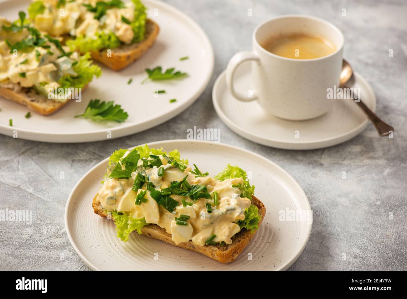 Eiersalat-Sandwiches auf hellem Hintergrund. Stockfoto