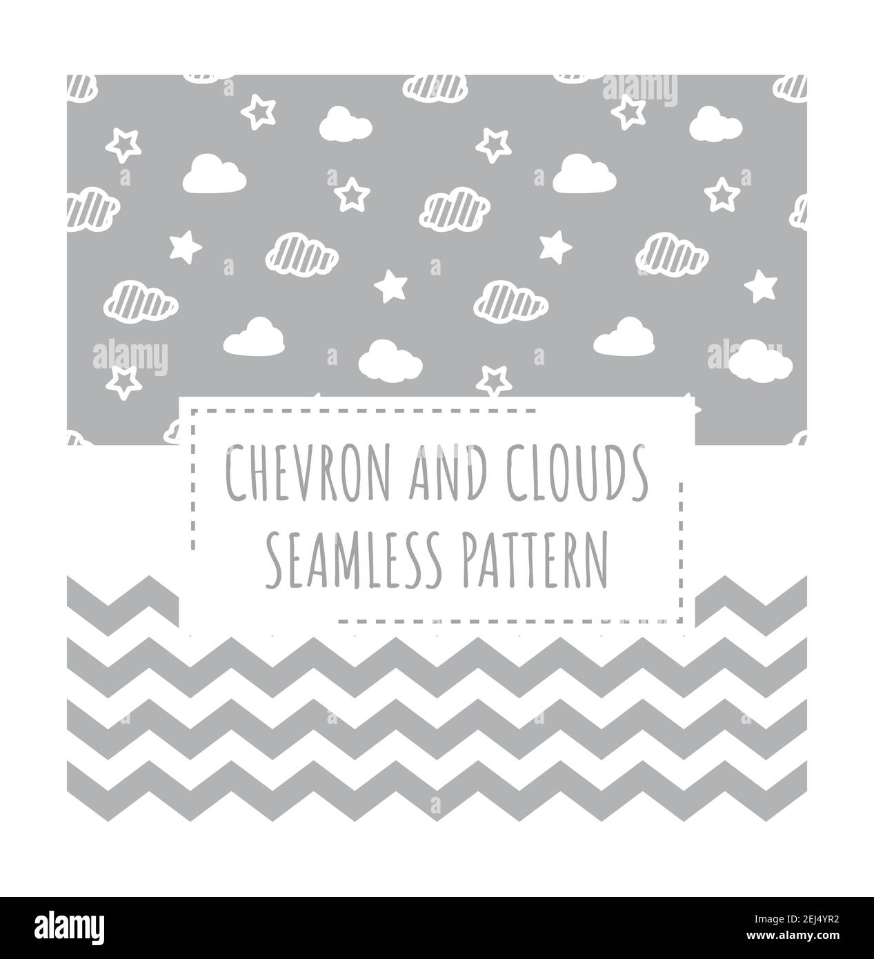 Chevron Zickzack und Wolken mit Sternen nahtloses Muster. Zwei Vektormuster in weiß und grau für Papier oder Stoff. Stock Vektor