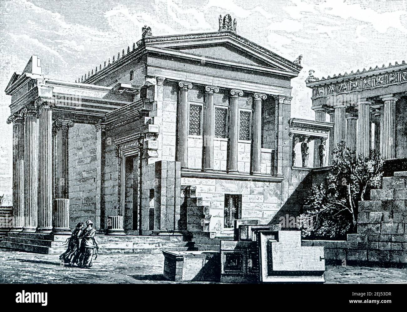 Dieses Bild zeigt das Erechtheion (Erechtheion und Erechteum) auf der Akropolis in Athen. Die Zeichnung basiert auf der Zeichnung des deutsch-österreichischen Architekten und Archäologen George Niemann. Die Bereiche sind beschriftet; North Lobby, Caryatid Veranda, und das Parthenon. Stockfoto