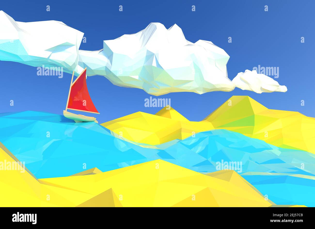 Lowpoly 3D Rendern Illustration von Boot mit roter Leinwand Segeln im Ozean mit gelben Inseln. Stockfoto