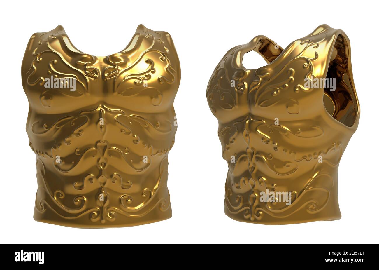 Isolierte 3D Renderdarstellung der goldenen gravierten alten Rüstung Brustpanzerung auf weißem Hintergrund. Stockfoto
