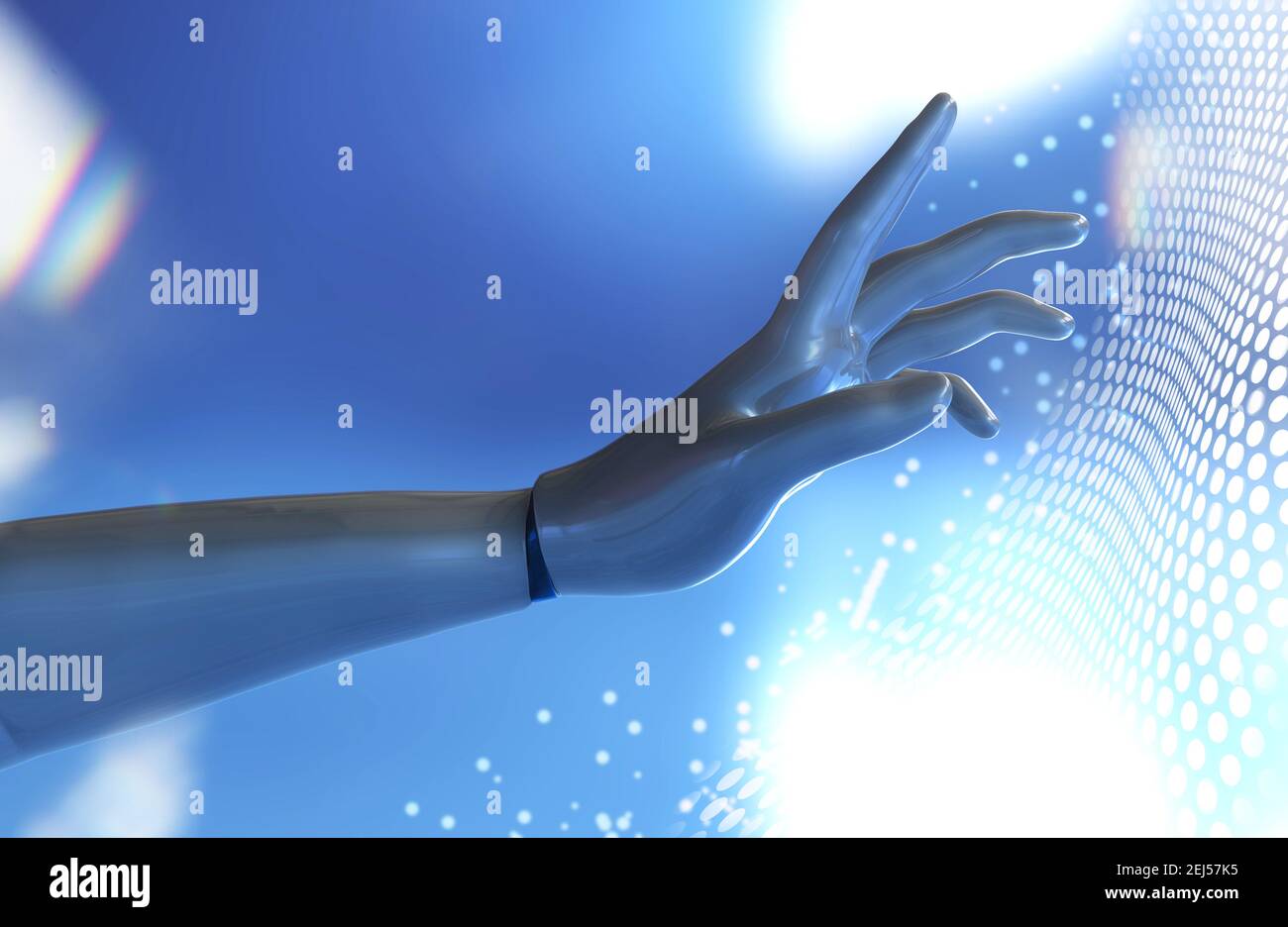 3D gerenderte Illustration von humanoiden Roboter Hand berühren Cyber technologische Netz. Stockfoto