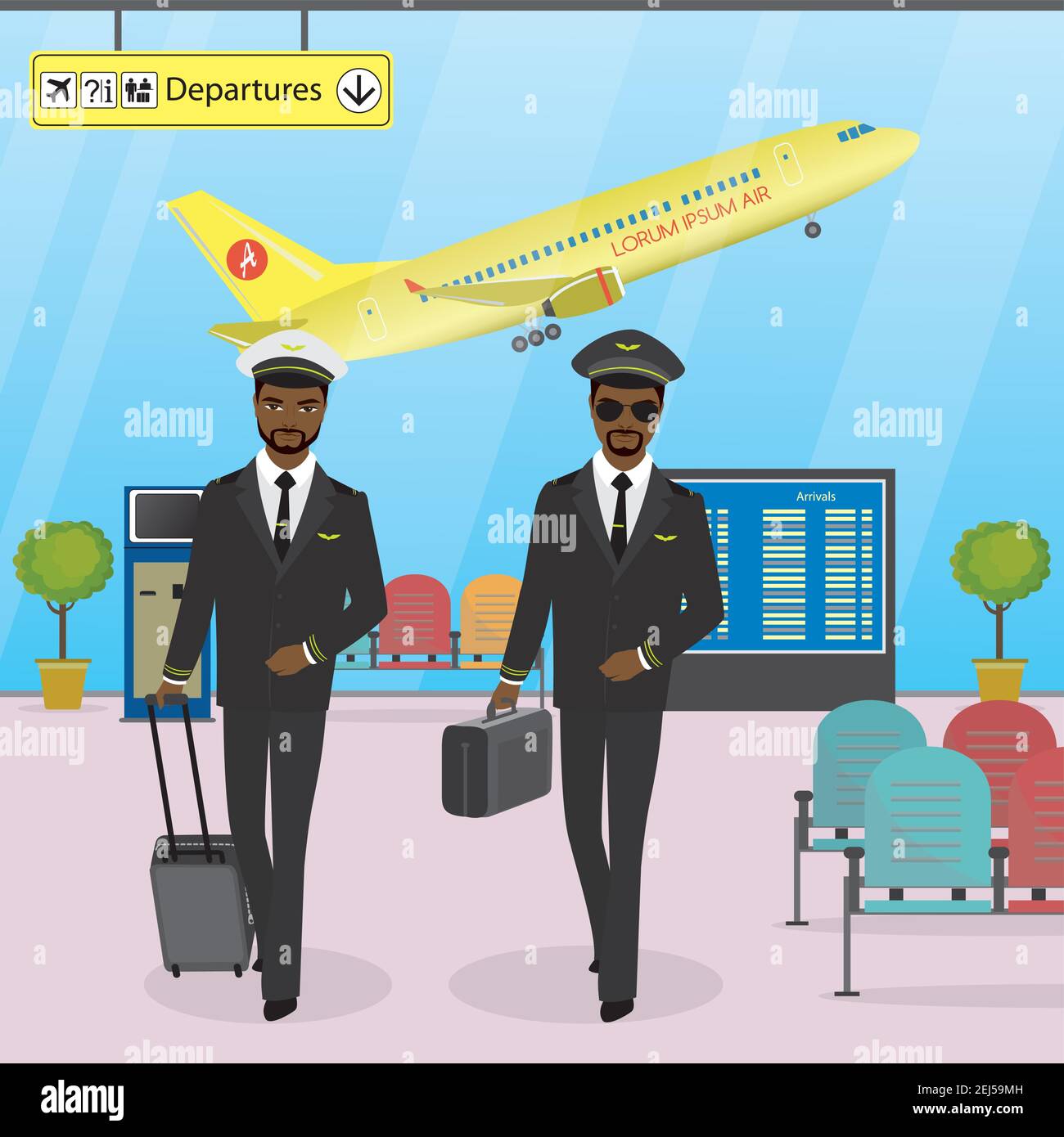 Die Kabinenbesatzung läuft auf einem modernen Flughafen mit Gepäck, Piloten in Uniform, Flughafen-Interieur und Möbel, Cartoon-Vektor-Illustration Stock Vektor