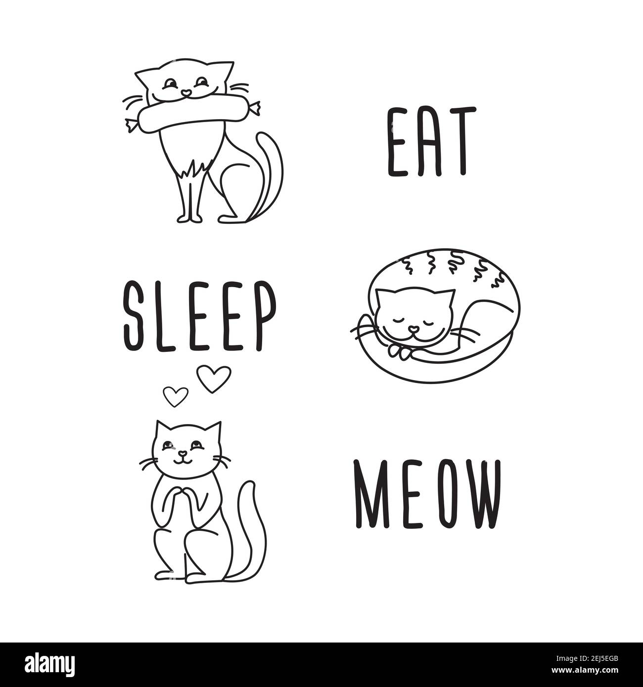 Lustige Karte mit Doodle Katzen und Phrase- essen, schlafen und meow.Poster Auf weißem Hintergrund, Vektorgrafik Stock Vektor