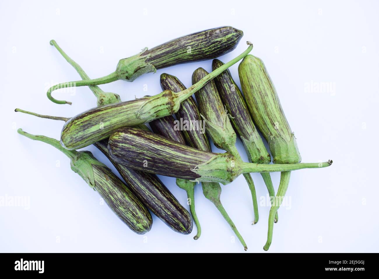 Brinjals auch Auberginen und Auberginen genannt. Grüne und violette Doppelstreifen Arten von Auberginen aus Indien. Frisches indisches Gemüse zu Hause geerntet oder Stockfoto