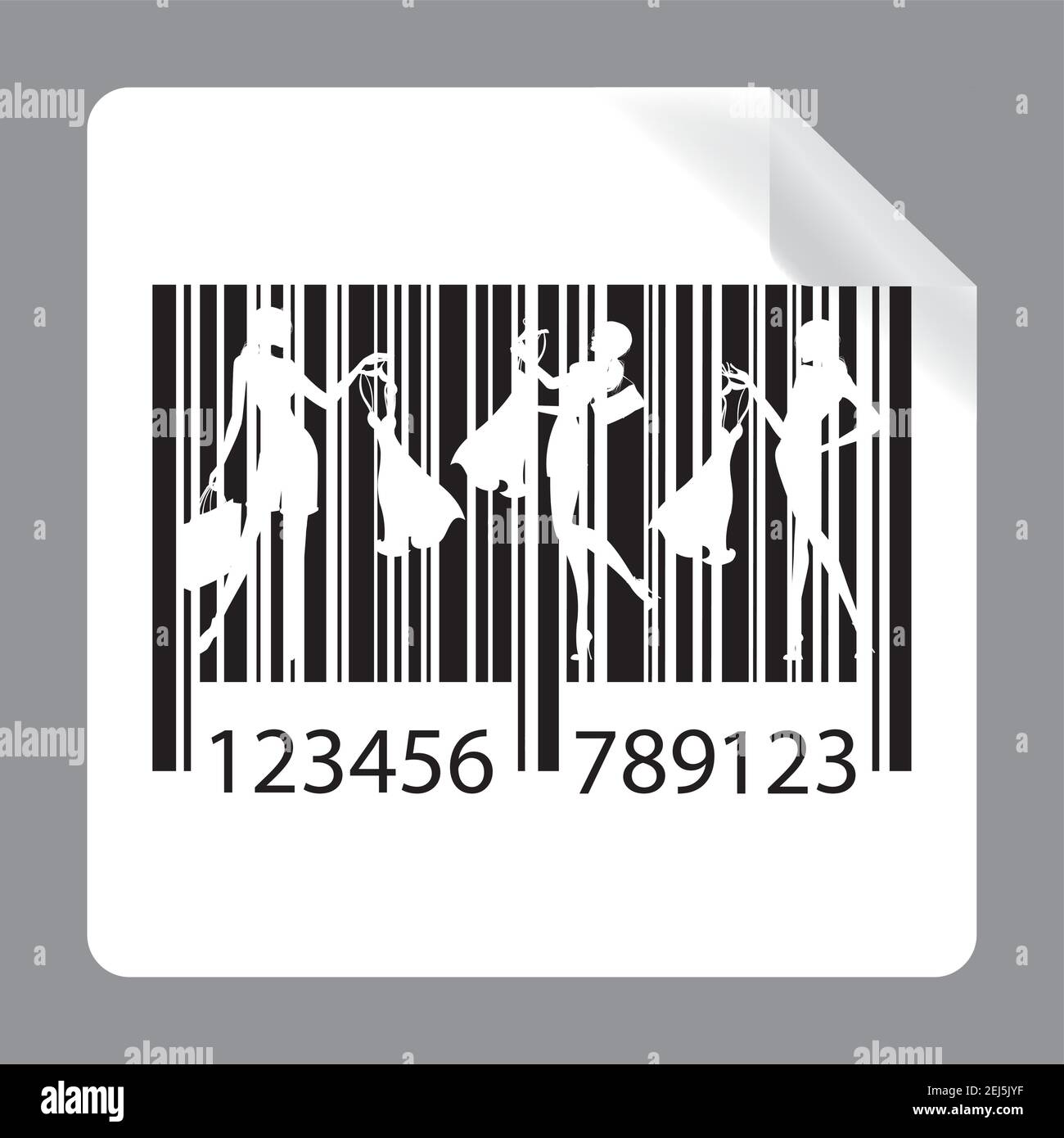 Etikett oder Aufkleber mit Barcode, Barcode-Symbol mit Silhouetten von Frauen mit Einkaufstaschen und Kleid, Einkaufs- und Verkaufskonzept, isoliert auf Weiße Rückenfarbe Stock Vektor