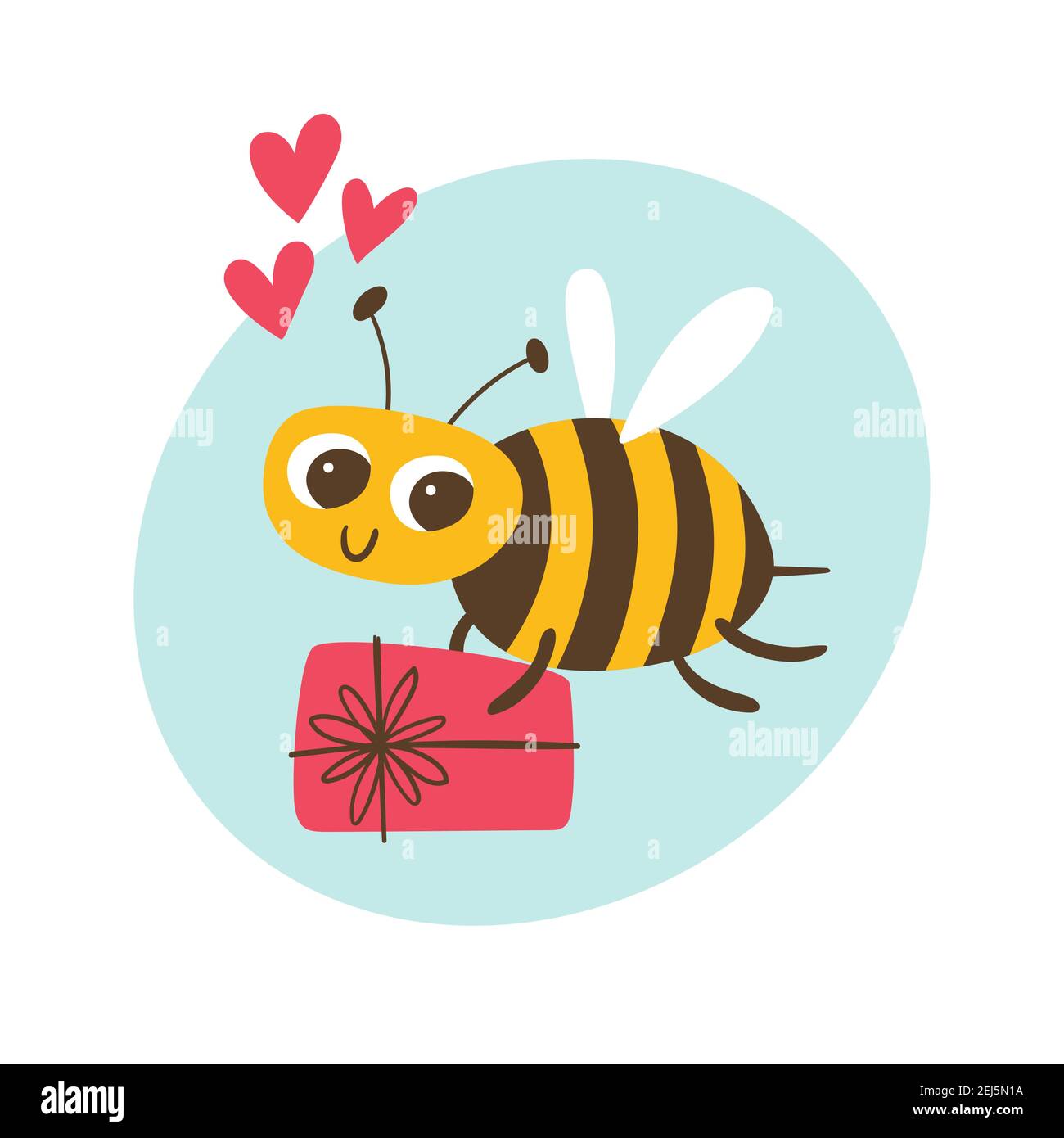 Niedliche lächelnde Biene, hält ein Geschenk. Liebe und Freundschaft Konzept. Niedliche Aufkleber für Kinder. Cartoon Vektorgrafik. Stock Vektor
