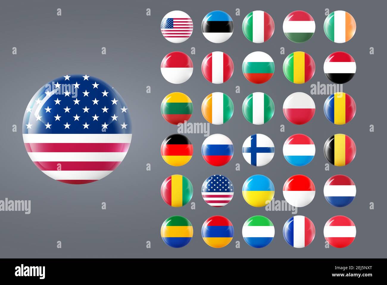 Welt runde Fahnen Sammlung. Glaskugel mit Flagge. Runde Kugel, Vorlagensymbol. Nationaler Symbolsatz. Glänzende realistische Kugel, 3D abstrakt Stock Vektor