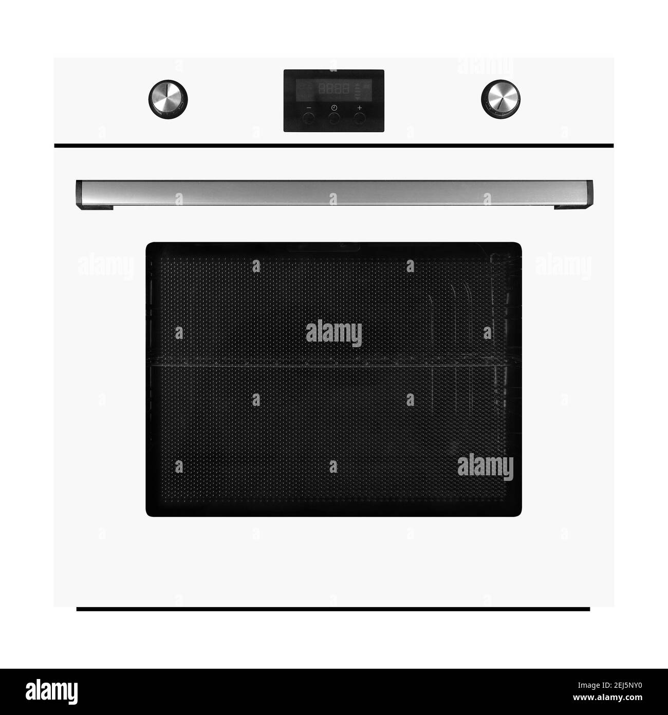 Haushaltsgeräte - Weißer elektrischer Ofen mit Display isoliert auf weißem Hintergrund. Stockfoto