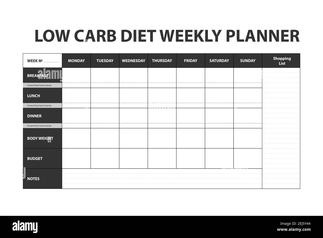 Dunkle einfache Diät Wochenplaner isoliert auf weißem Hintergrund. Food-Menü-Plan für die Ernährung. Vorlage für den täglichen Zeitplan für das Kochen von Mahlzeiten. Wochenplan Low Carb m Stock Vektor