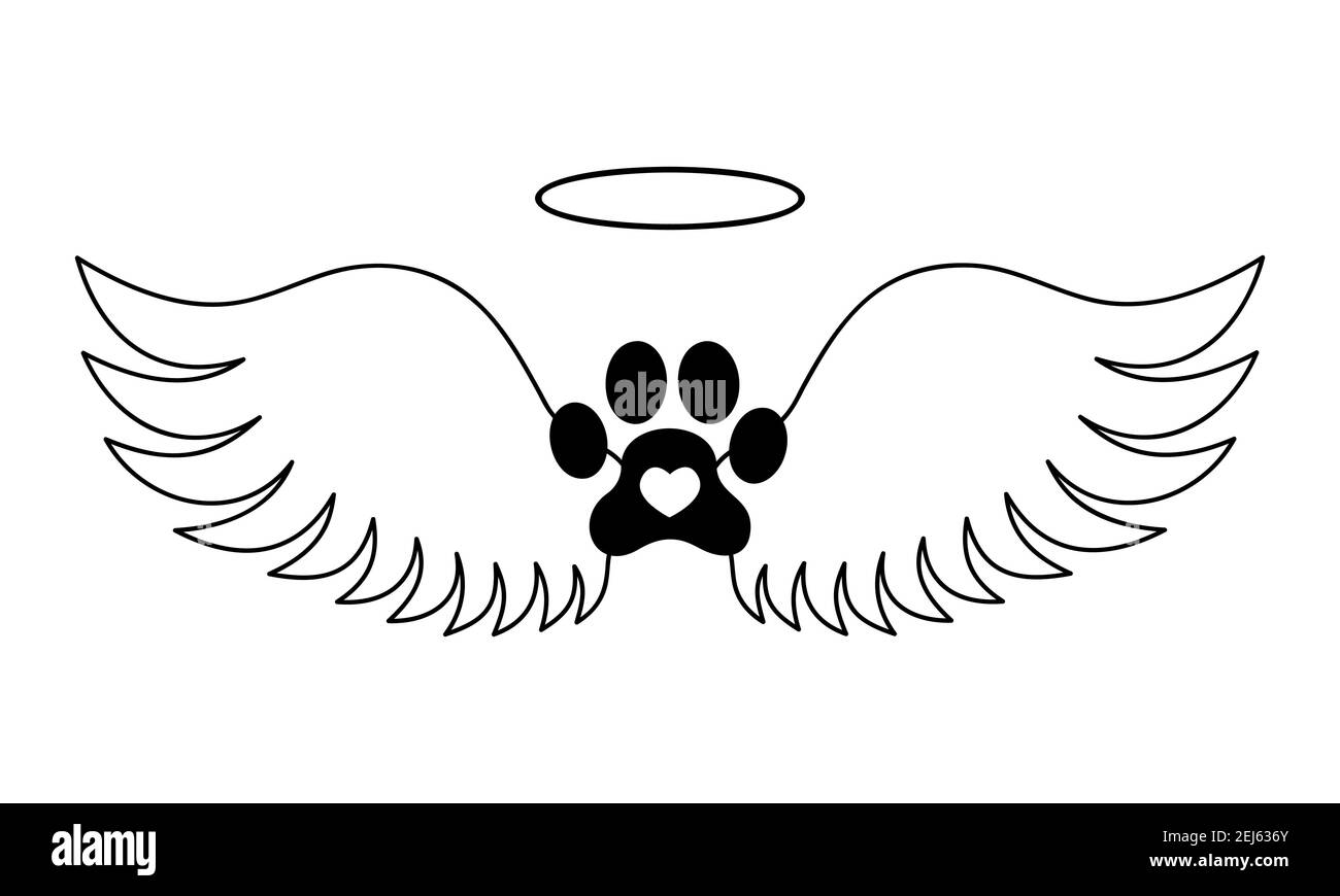 Hunde Pfote mit Engelsflügeln, Halo und Herz im Inneren. PET Memorial