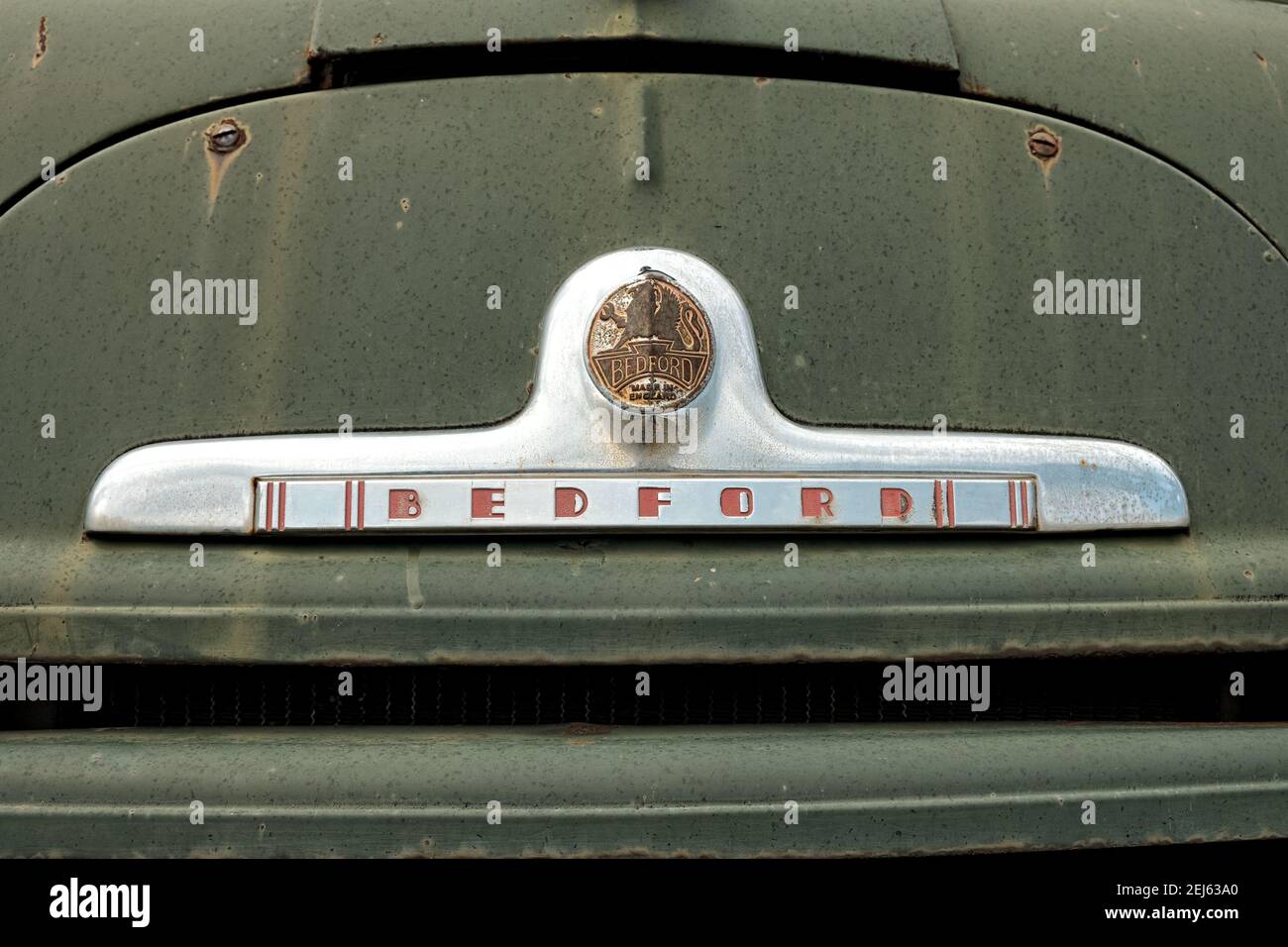 PLJEVLJA, MONTENEGRO - 02. AUGUST 2016: Logo 'BEDFORD' auf altem grünen Feuerwehrauto. Gegründet 1930 und Bau von Nutzfahrzeugen, Bedford Vehi Stockfoto