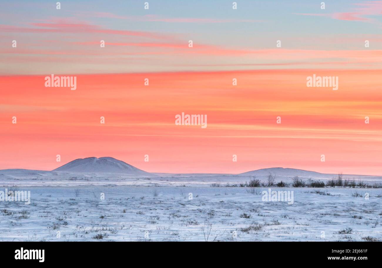 Ein arktischer Winteraufgang mit Pingos in der Ferne (Intra-Permafrost-eisbewachsenen Hügeln), in der Nähe von Tuktoyaktuk, Northwest Territories, Kanada Stockfoto