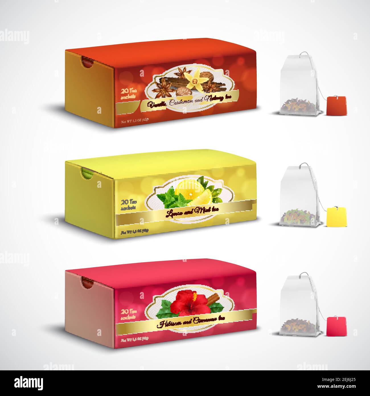 Obst und Kräuter ganze Blätter Teebeutel Box Pakete realistische Set Mit Zitrone Minze Hibiskus Aromen Vektor-Illustration Stock Vektor