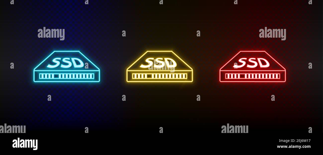 Neon Icon Set SSD. Set von roten, blauen, gelben Neon-Vektor-Symbol Stock Vektor