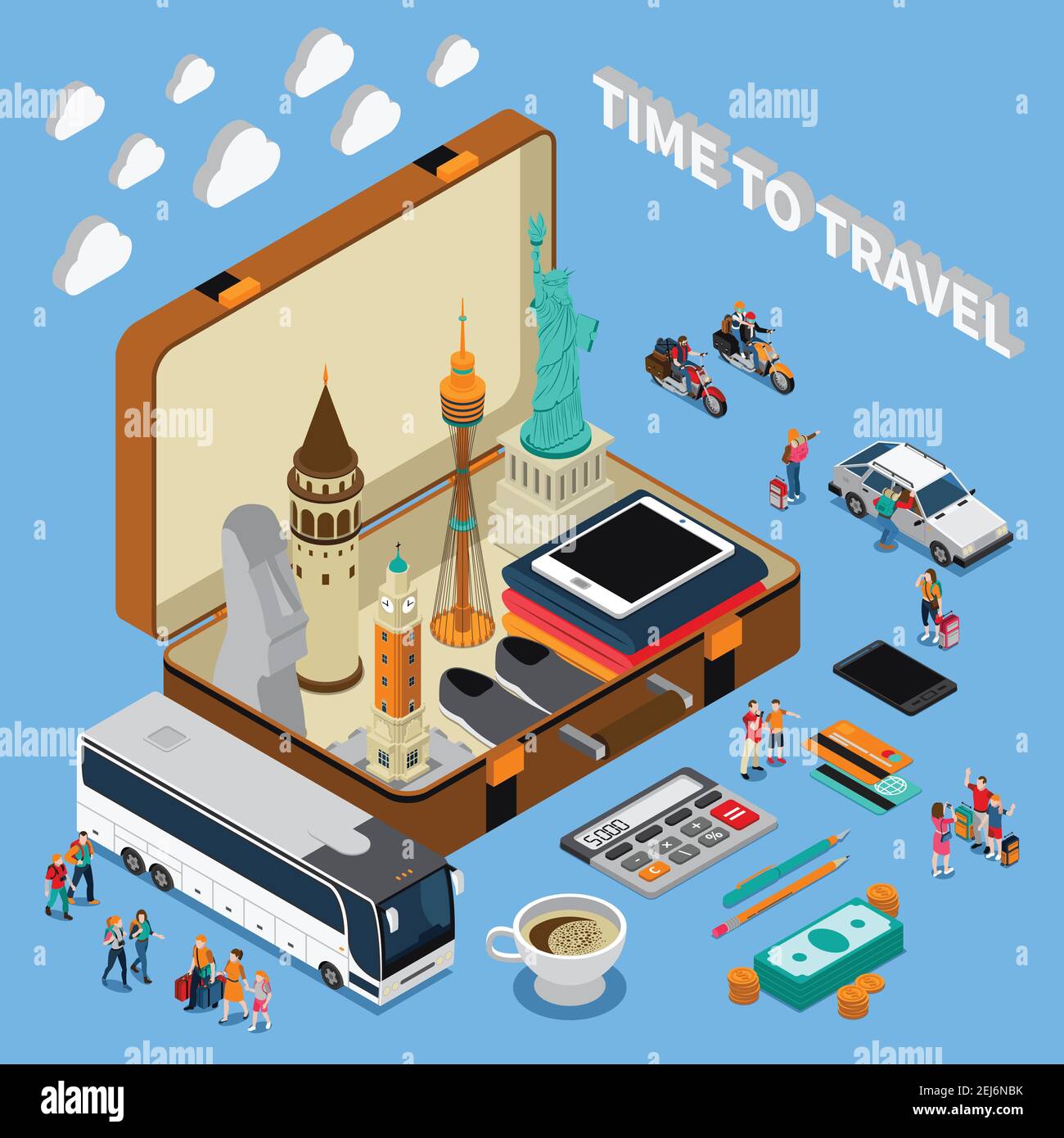 Reisen isometrische Zusammensetzung auf blauem Hintergrund mit Sehenswürdigkeiten in Koffer, Touristen, Geld, mobile Geräte, Fahrzeuge Vektor-Illustration Stock Vektor