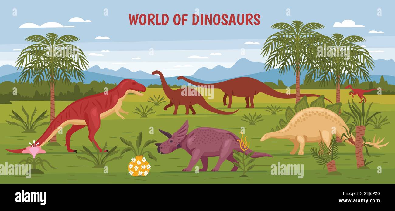 Dino Illustration mit wilder Landschaftsansicht der prähistorischen Natur und Flora mit Dinosaurierbildern und Textvektorillustration Stock Vektor