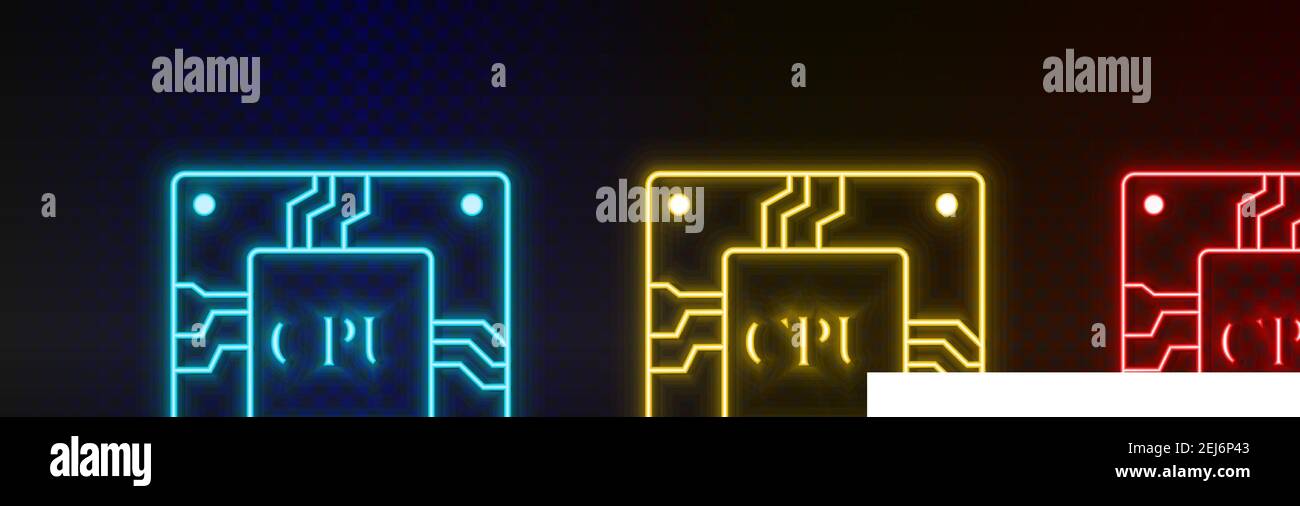 Neon Icon Set CPU-Hardware. Set von roten, blauen, gelben Neon-Vektor-Symbol Stock Vektor