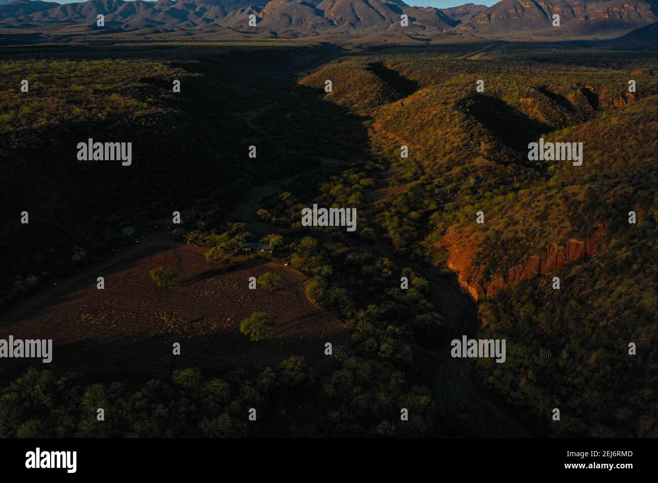 Luftaufnahme von Sahuaripa, Sonora, Mexiko. Landschaft bei Sonnenaufgang. Stadt zwischen Parzellen, Aussaat und fruchtbares Land. (Foto von Luis Gutierrez / NortePhoto.com) Vista aera de Sahuaripa, Sonora, Mexiko. Paisaje al amanecer. pueblo entre parcelas, siembra y tierra fertil. (Foto von Luis Gutierrez / NortePhoto.com) Stockfoto