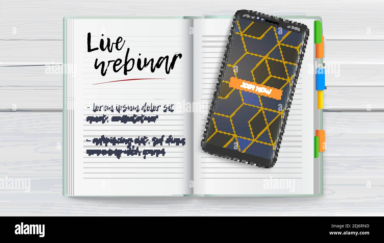 Vorlage für Ankündigungen von Live-Webinaren. Smartphone mit der Schaltfläche „Jetzt beitreten“ auf dem Bildschirm. Notizbuch mit Markierungen auf Holztisch. vektorgrafik 3D. Stock Vektor